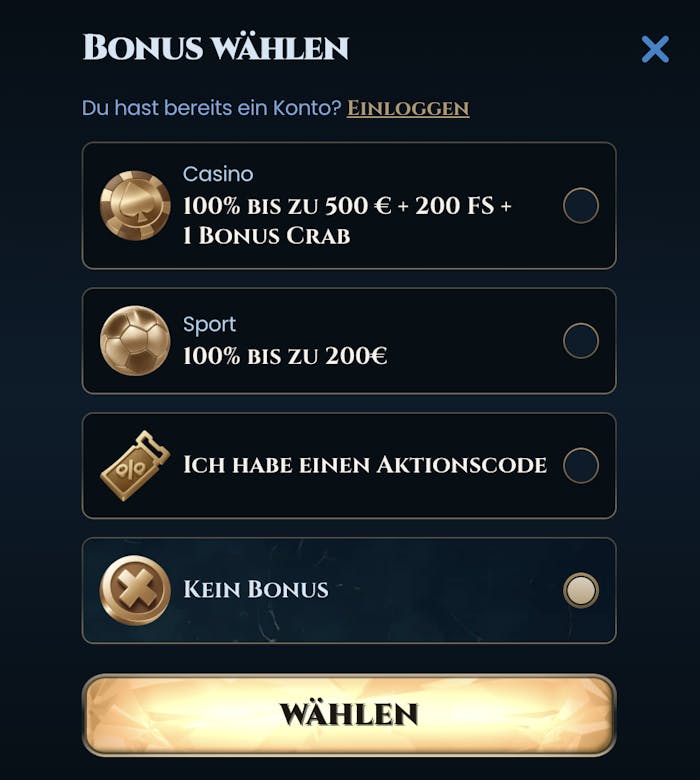 Anmeldeformular im Wonderluck Casino