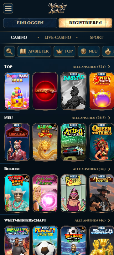 Spiellobby im Wonderluck Casino zeigt top Spiele wie Sugar Rush 1000 neben anderen Spielkategorien