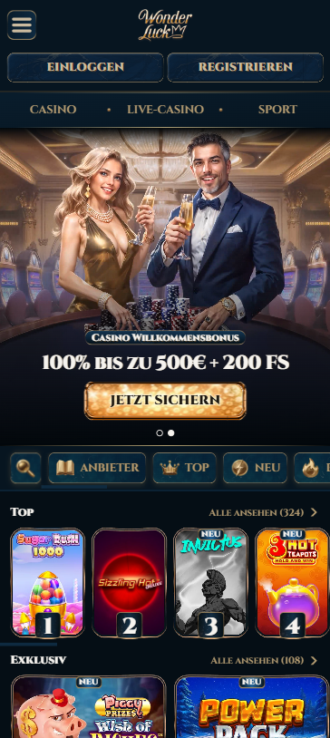 Startseite im Wonderluck Casino zeigt Willkommensbonus, top und exklusive Spiele