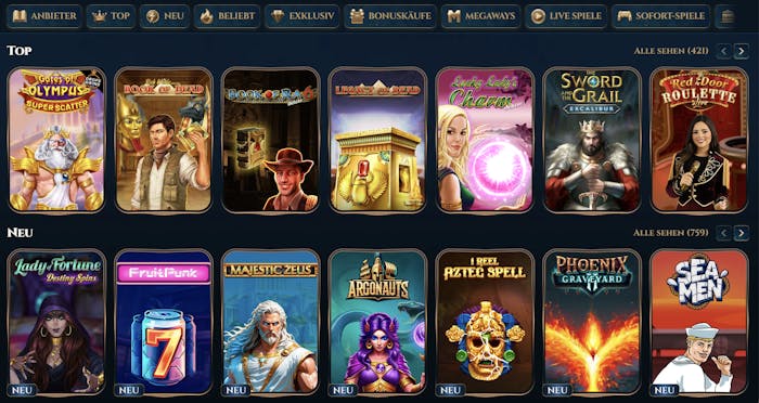 Spiellobby im Wonderluck Casino zeigt top Spiele wie Book of Dead
