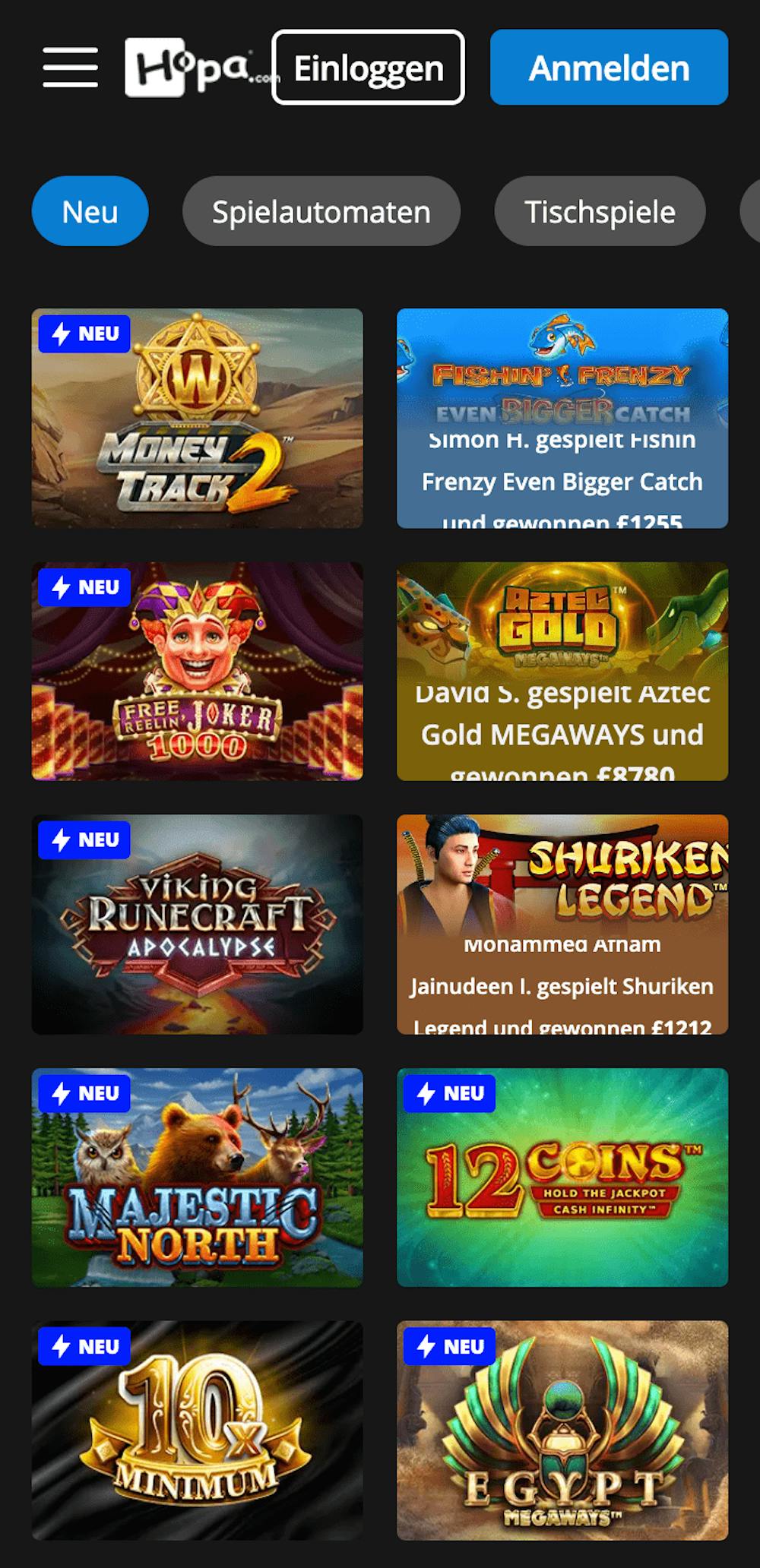 Hopa Casino mobile Ansicht