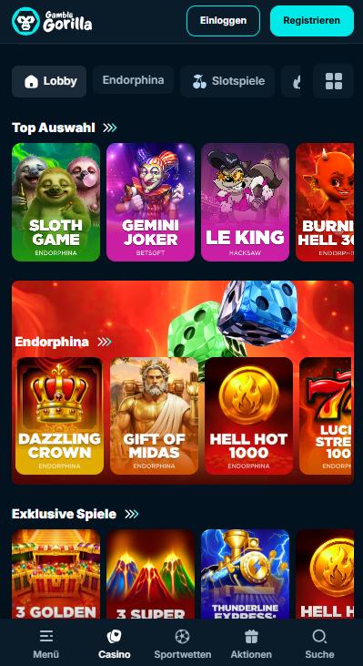 Spiellobby im GambleGorilla Casino zeigt Spiele wie Sloth Game neben anderen Spielkategorien wie exklusive Spiele