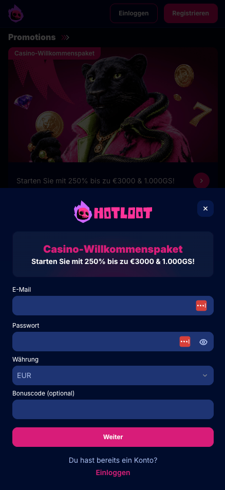 Anmeldeformular im Hotloot Casino