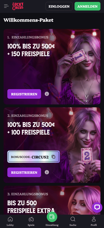 Willkommensbonuspaket im Lucky Circus Casino auf die ersten vier Einzahlungen