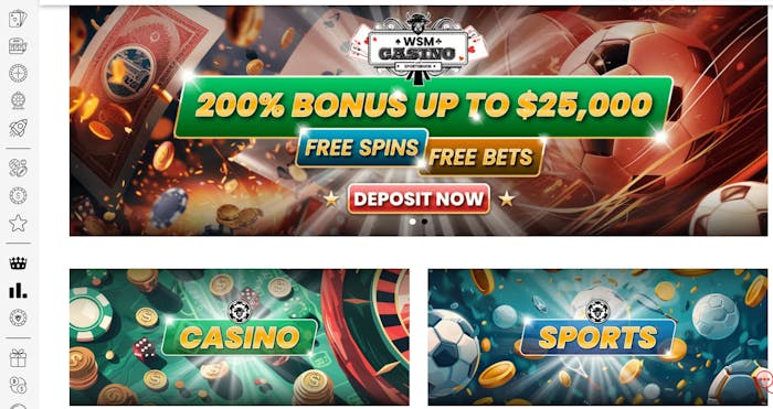 WSM Casino Startseite mit Bonusbanner und Menüleiste