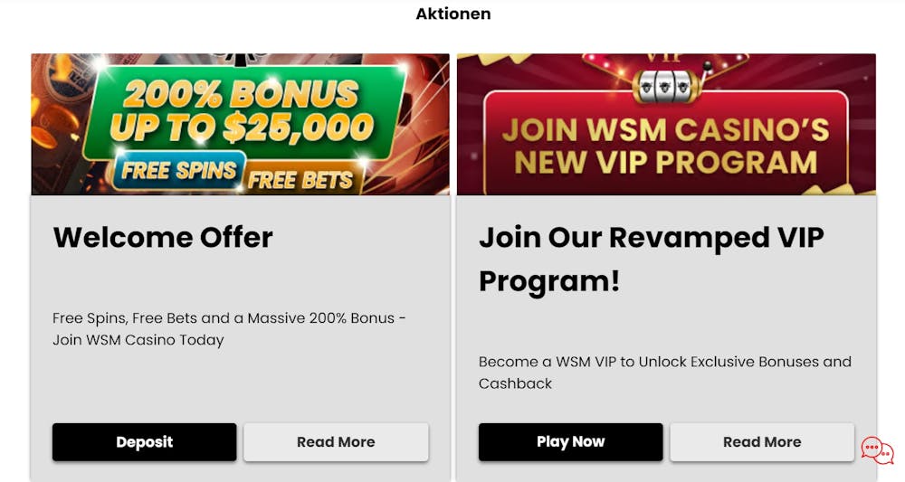 WSM Casino Willkommensbonusangebot und VIP-Programmbanner