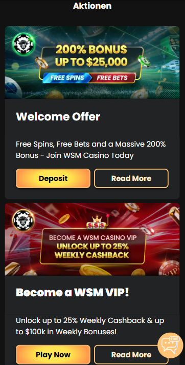 Aktionen im WSM Casino zeigen Willkommensbonus und VIP-Angebote