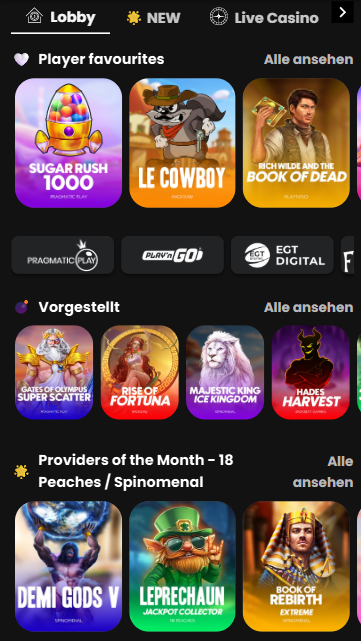 Spiellobby im WSM Casino zeigt Spielerfavoriten wie Sugar Rush 1000 neben anderen Spielkategorien