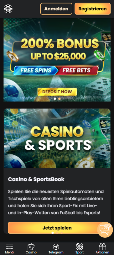 Startseite im WSM Casino zeigt Willkommensbonus und Anmeldebutton