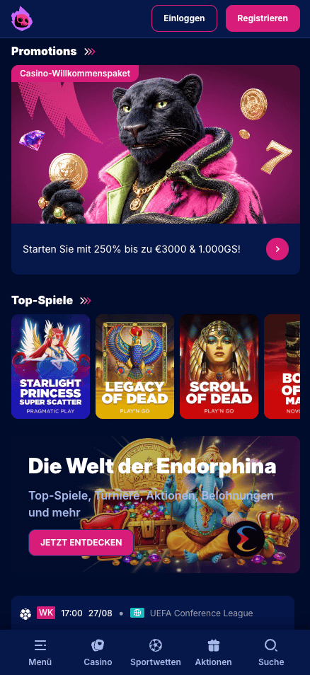 Startseite im Hotloot Casino zeigt Boni und Spielkategorien