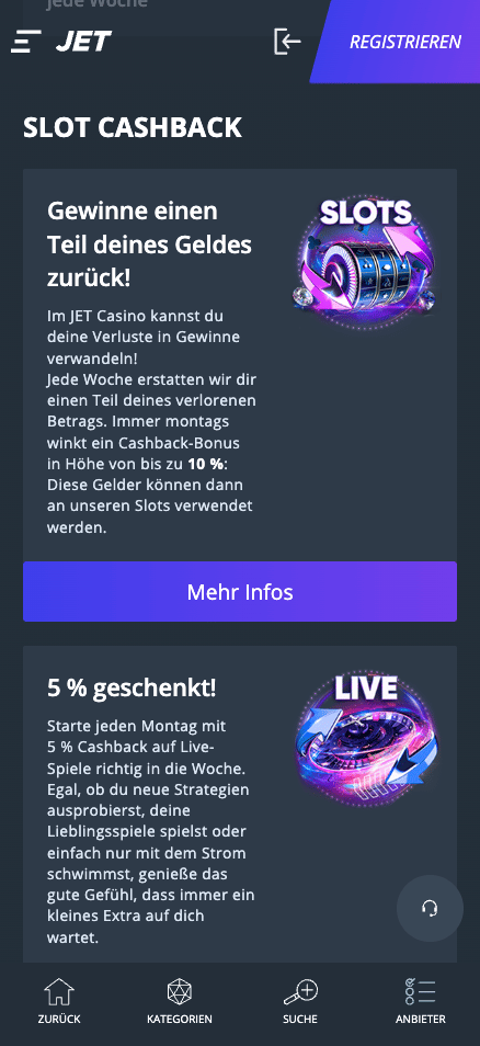 Jet Casino Cashback Angebot