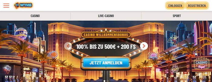 Wyns Casino Screenshot mit der Startseite, welche den Willkommensbonus zeigt.