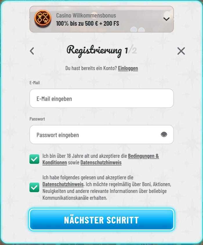Screenshot vom Wyns Casino mit der Anmeldeseite zum Eingeben der Daten.