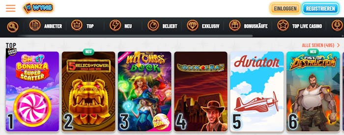 Wyns Casino Screenshot mit der Slot Auswahl.
