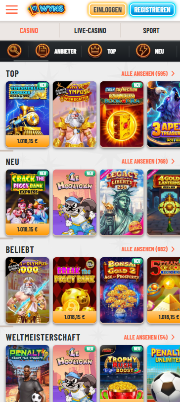 Spiellobby im Wyns Casino zeigt top Spiele wie Gates of Olympus Super Scatter neben anderen Spielkategorien