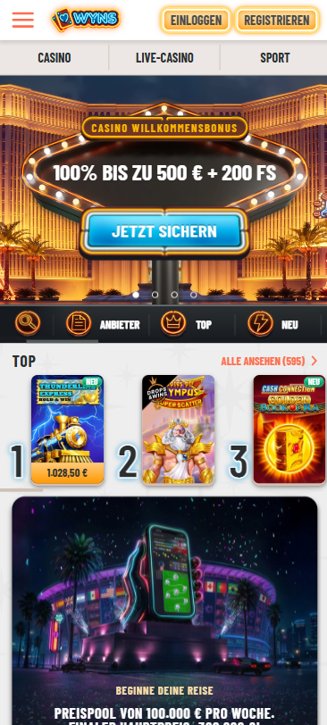 Startseite im Wyns Casino zeigt Willkommensbonus, top Spiele und Preispool
