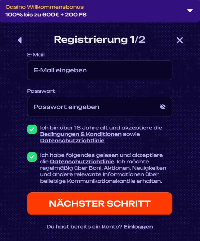 Anmeldeformular im X3bet Casino