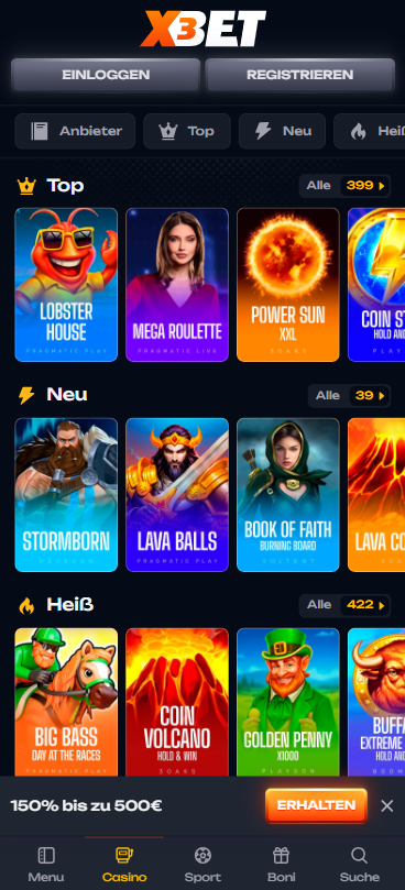 Spiellobby im X3Bet Casino zeigt top Spiele wie Lobster House neben anderen Spielkategorien