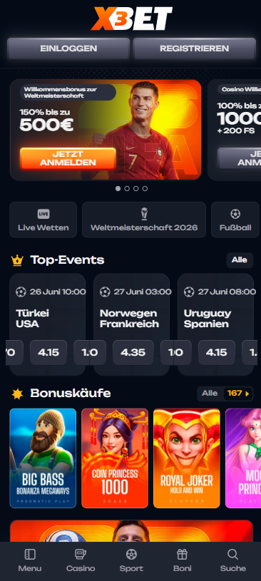 Startseite im X3Bet Casino zeigt Willkommensbonus, top Events und Bonuskäufe