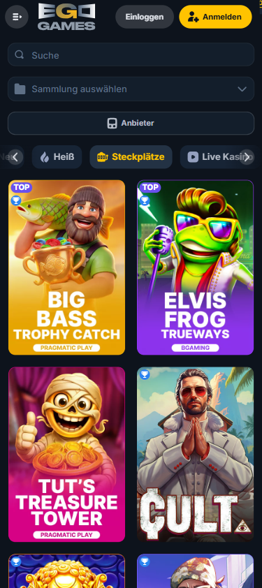 Spiellobby im Ego Games Casino zeigt Automaten wie Big Bass Trophy Catch neben anderen Spielkategorien