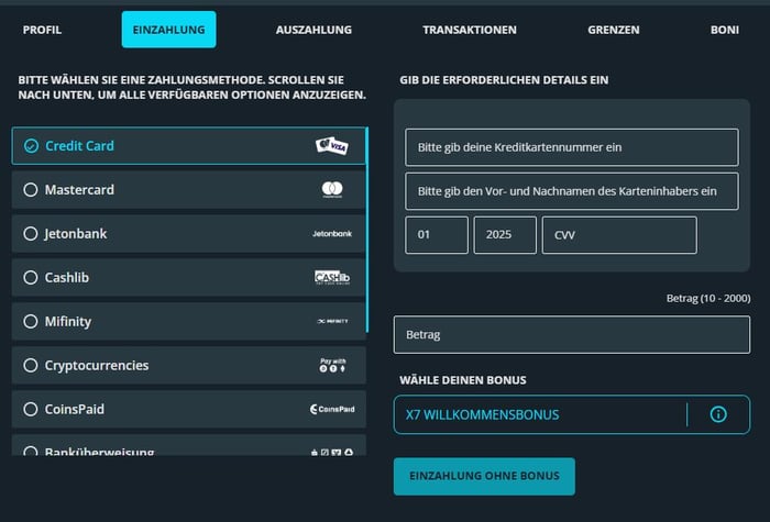 Einzahlungen im X7 Casino