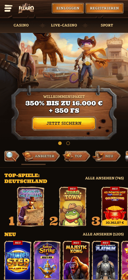 Startseite im Lizaro Casino zeigt Willkommensbonus und top Spiele in Deutschland