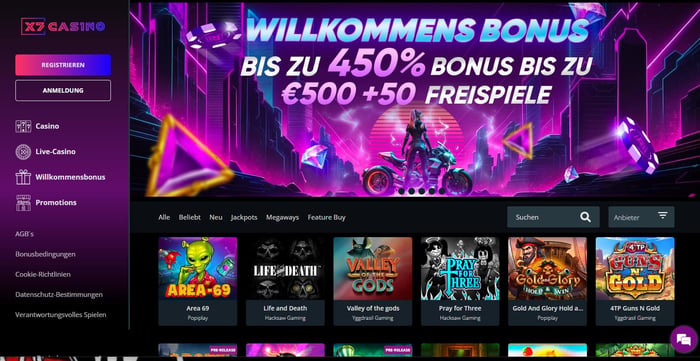 Spiellobby im X7 Casino zeigt Spiele wie Valley of the Gods neben anderen Spielkategorien