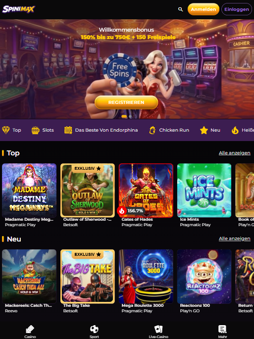 Screenshot vom Paysafecard Casino Spinimax.