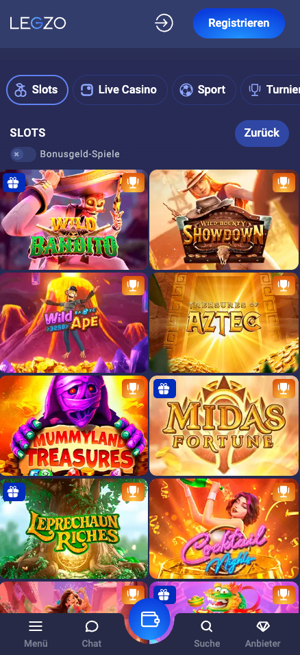 Spiellobby im Legzo Casino zeigt Slots wie Wild Bandito neben Funktionen und Anbieterfiltern