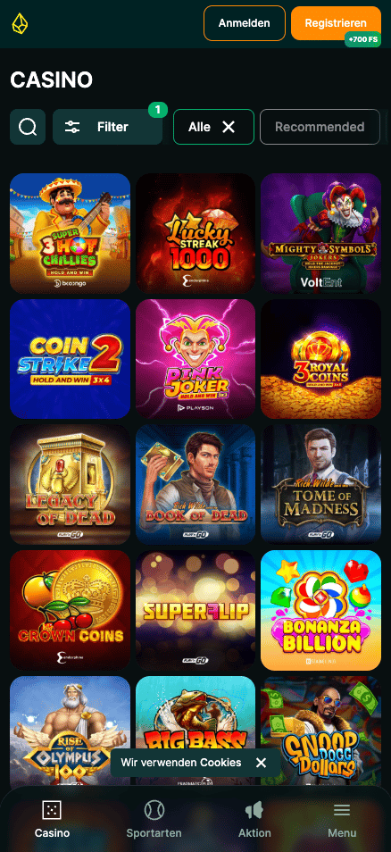 Spiellobby im Lucky Gem Casino zeigt Spiele wie Bonanza Billion neben anderen Spielkategorien