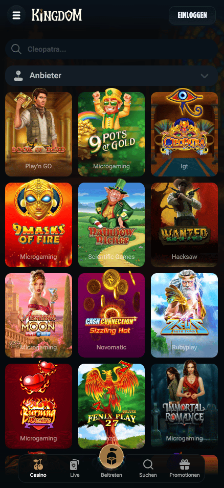 Spiellobby im Kingdom Casino zeigt Spiele wie Book of Dead neben Anbieterfilter