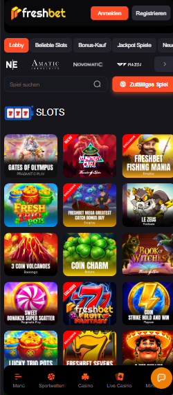 Spiellobby im Freshbet Casino zeigt Spiele wie Gates of Olympus neben anderen Spielkategorien