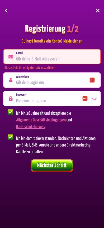 Anmeldeformular im Joker8 Casino