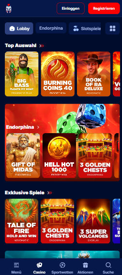 Spiellobby im Gladiatorsbet Casino zeigt Spiele wie Book of Ra Deluxe neben anderen Spielkategorien