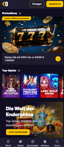 Startseite im Dazzlehand Casino zeigt Willkommenspaket und Spielkategorien