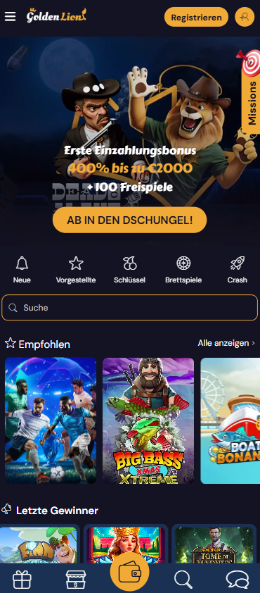 Startseite im Goldenlionbet Casino zeigt Sportwillkommensbonus neben Menü