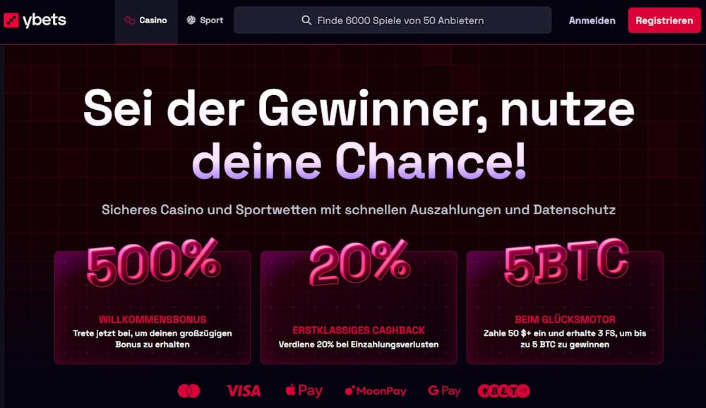 YBets Casino Startseite mit Suchleiste, Anmeldebutton, Bonusangeboten