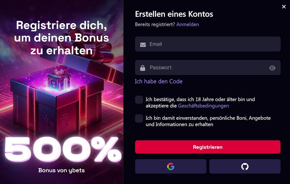 Ybets Casino Anmeldeformular mit Bonusangebot