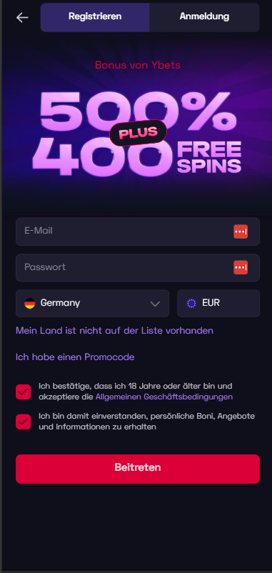 Ybets Casino Anmeldeformular mit Bonusangebot