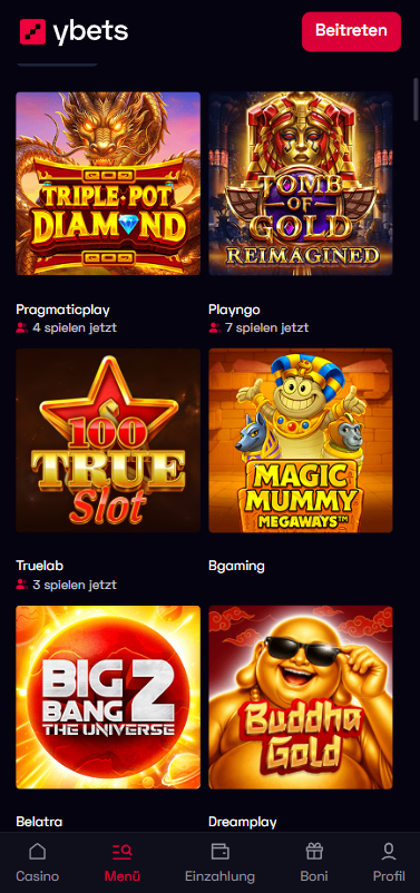 Spiellobby im Ybets Casino zeigt Anbieter wie BGaming