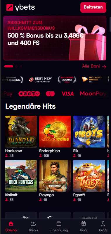 YBets Casino Startseite mit Suchleiste, Anmeldebutton, Bonusangeboten