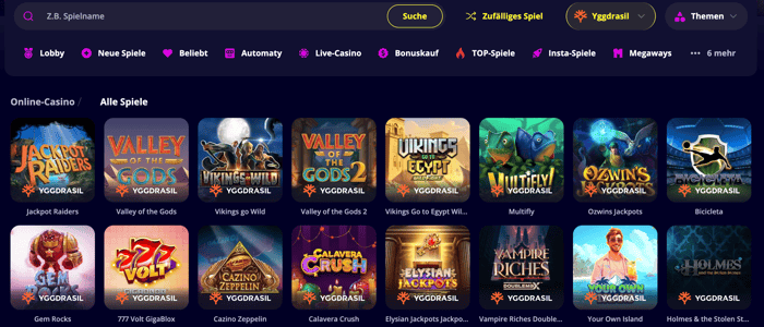 Beispielhafte Spielauswahl im Yggdrasil Casino