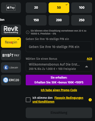 Einzahlung im Flexepin Casino Jettbet