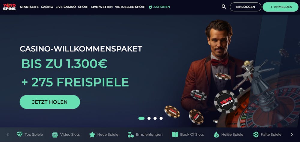 Yoyo Spins Casino Logo in türkis und blau, zu sehen ist der Willkommensbonus