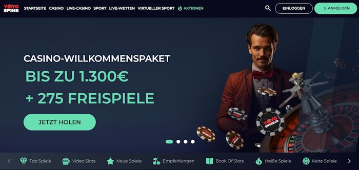 Yoyo Spins Casino Logo in türkis und blau, zu sehen ist der Willkommensbonus