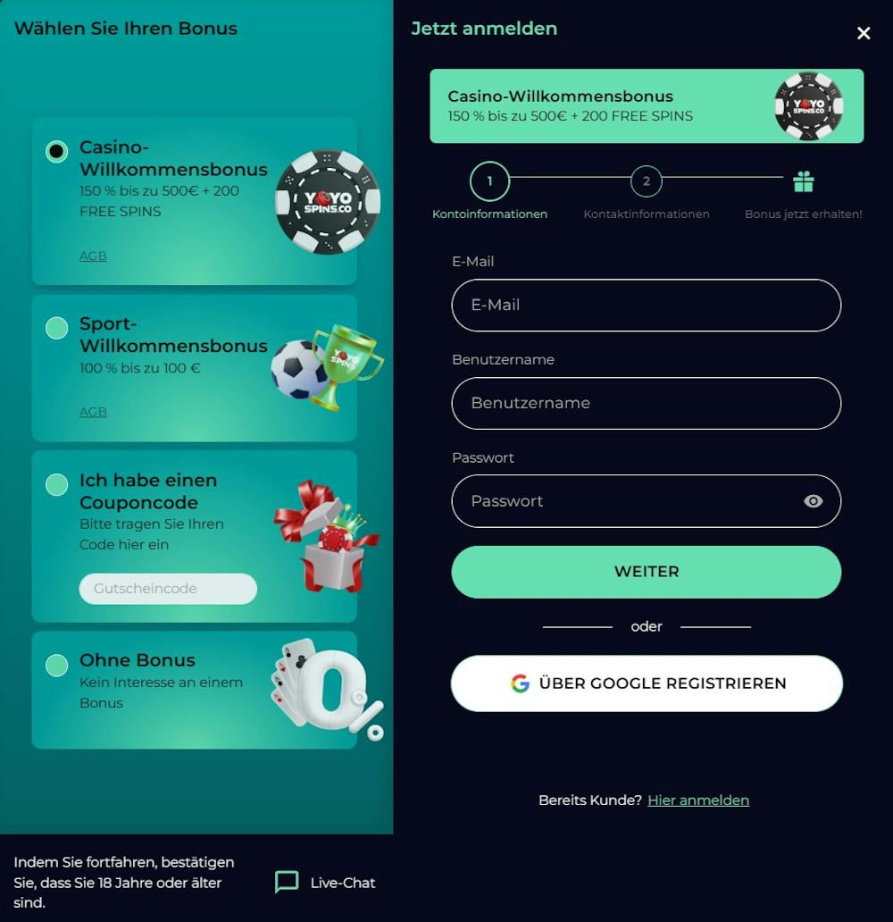 Yoyo Spins Casino Screenshot mit der Anmeldemaske, in welche persönliche Daten eingegeben werden können. Links ist das Yoyo Spins Casino Bonus Angebot zu sehen