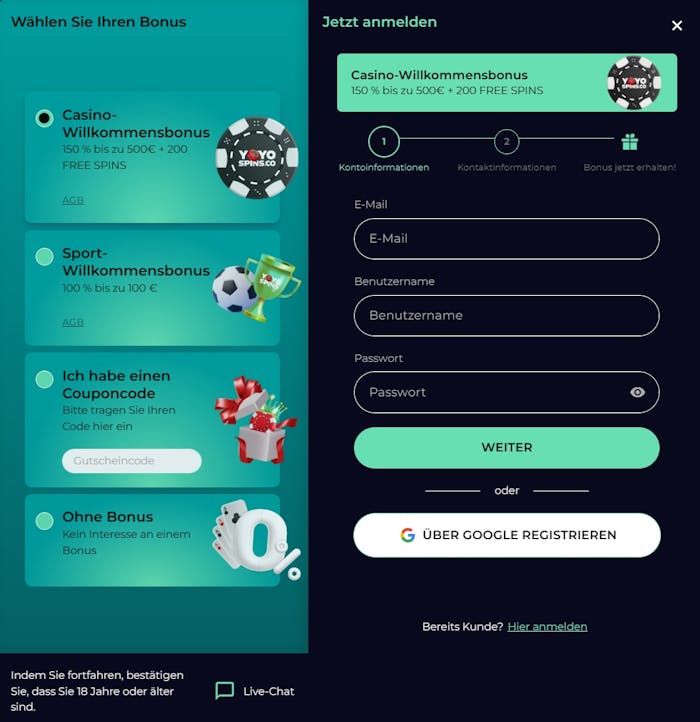 Yoyo Spins Casino Screenshot mit der Anmeldemaske, in welche persönliche Daten eingegeben werden können. Links ist das Yoyo Spins Casino Bonus Angebot zu sehen