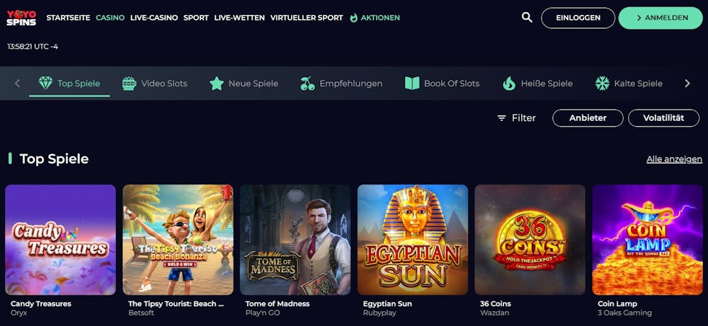 Yoyo Spins Casino Screenshot mit der Spieleauswahl, darunter Candy Treasures