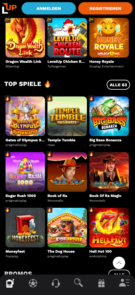 Spiellobby im LevelUp Casino zeigt top Spiele wie Big Bass Bonanza neben anderen Spielkategorien