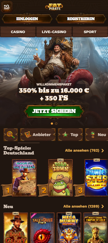 Startseite im Fat Pirate Casino zeigt Willkommensbonus und top Spiele in Deutschland